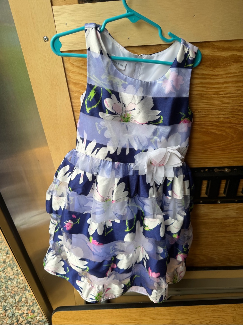 Girls Navy Floral Striped Party Dress with Ribbon Flower